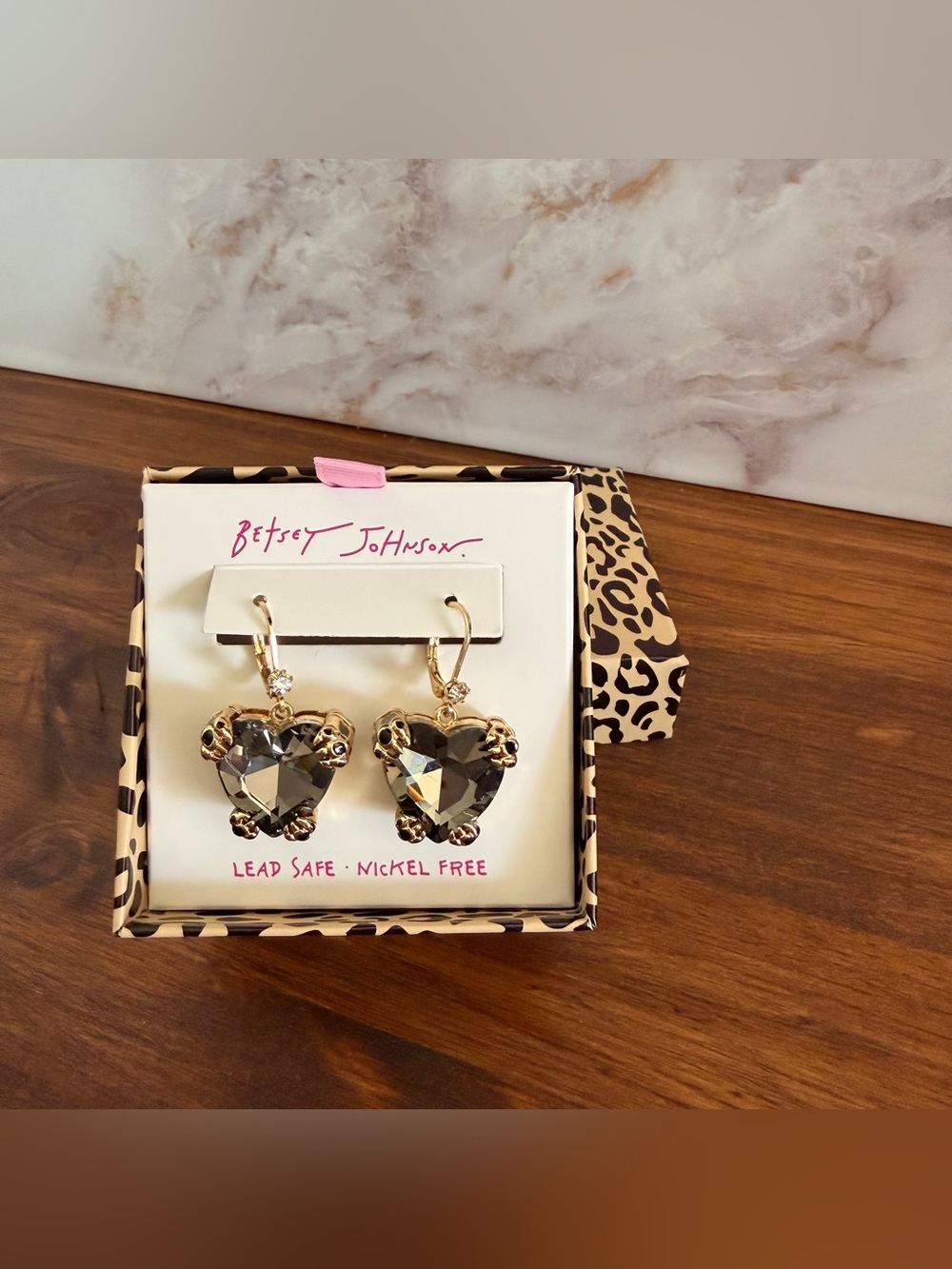 Betsey Johnson Jaguar Paws holding Heart Crystal Drop Earrings - Smoky Gray